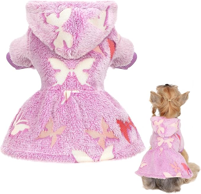 Dog Sweaters for Small Dogs Girl Night Glow Dog Hoodie Warm Fleece Doggie Sweatshirt Cute Puppy Dress Winter Pet Sweaters Doggy Clothes Outfit Apparel for Chihuahua Yorkie, Purple Butterfly,M