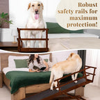 Dog Ramp for Bed with Safety Rails for High Beds up to 37" – Extra Wide 19.5" Adjustable Dog Bed Ramp for Large Dogs up to 200 lbs – Solid Birchwood, Non-Slip Rubber Surface, Foldable Design – Walnut