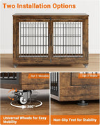 Dog Crate Furniture with Cushion Set of 2, Wooden Dog Kennel Indoor with Double Doors, Dog Cage with Wheels, Dog House Side End Table for Large Dogs up to 85 lb, 44" L, Rustic Brown