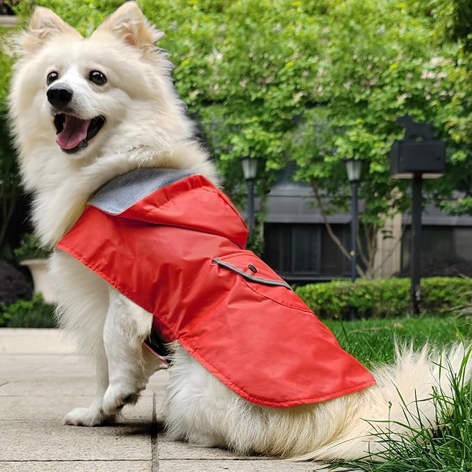 Dog Raincoat Dogs Rain Jacket for Puppy Small Dogs Waterproof Pet Clothes Reflective Poncho Rainwear Winter Warm Lined Pocket Hooded Leash Hole Adjustable,Red,S,Back Length 8.6 Inch