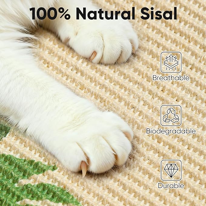 FUKUMARU Sisal Cat Scratching Mat, 23.6 x 15.7 Inch Natural Sisal Cat Scratch Pad Mats for Indoor Cats, Horizontal Cats Wall Scratcher Kitten Floor Rug with Sticky Tapes, Furniture Protector(Monstera)