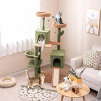 PETSITE 63 inch Cactus Cat Tree Tower, Multi-Level Cat Tower with Sisal Scratching Posts, Sisal Ladder, Hanging Balls, Cat Condos and Side Basket Bed, Cute Cat Tree for Indoor Cats