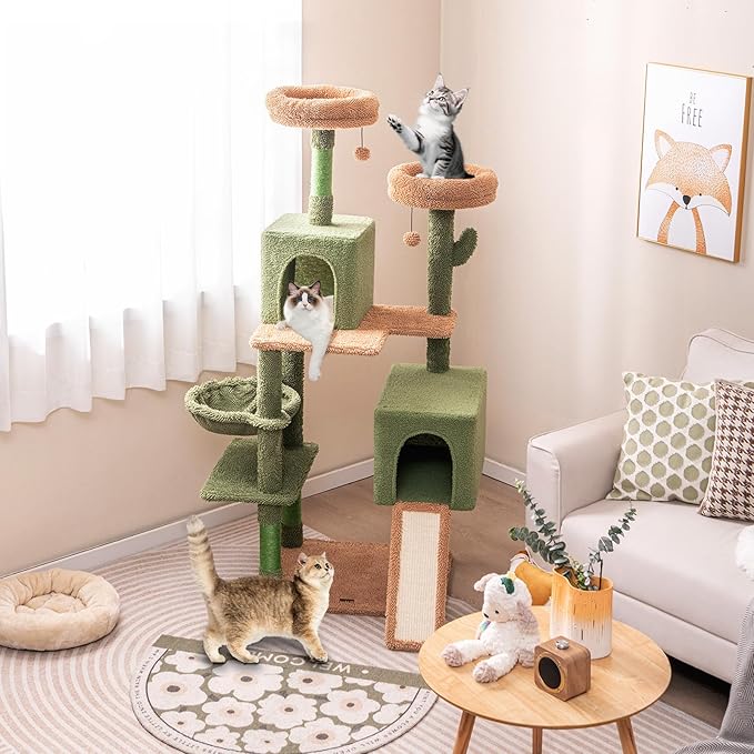 PETSITE 63 inch Cactus Cat Tree Tower, Multi-Level Cat Tower with Sisal Scratching Posts, Sisal Ladder, Hanging Balls, Cat Condos and Side Basket Bed, Cute Cat Tree for Indoor Cats