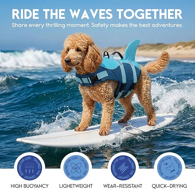 ASENKU Dog Life Jacket - Pet Safety Vest for Swimming & Boating, Shark Life Jacket with Floatation, Dog Lifesavers Swimsuits for Small Medium Large Dogs (Deepblue, M)