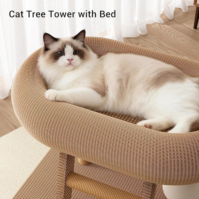 Cat Tree Tower, Multi Functional Climbing Frame with Scratching Post and Cozy Bed, Multi Level Climbing Activity Center for Indoor Cats to Play and Rest, Compact Design for
