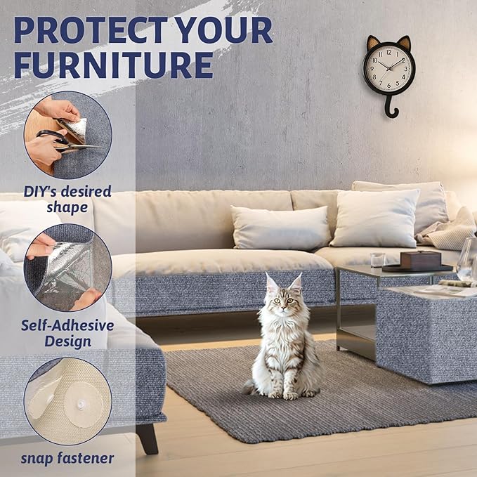 Cat Couch Scratch Protector with 2 Cat Teaser Toys - Adhesive Anti-Scratch Pad for Furniture, DIY Deterrent to Protect Couch from Claws, Indoor Use (Grey, 39.3x15.7 in)
