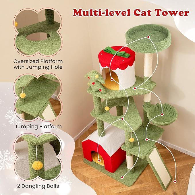Tangkula Christmas Cat Tree, 61” Tall Cat Tower with Sisal Scratching Posts & Climbing Ladder, Plush Perch, Gift Box Shaped Condo, Hanging Toys, Basket Bed, Cute Cat Tree Tower Holiday Decoration