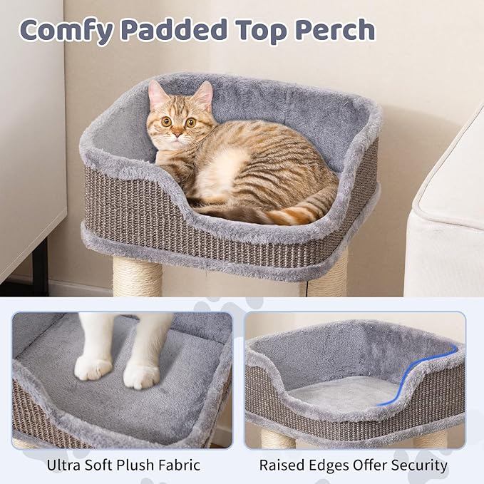Tangkula Small Cat Tree for Indoor Cats, Modern Carpeted Cat Tower with Soft Plush Perch, Cat Condo Cat Bed with Scratching Posts, Dangling Ball, Cute Cat Activity Tree for Play Rest (Light Gray)
