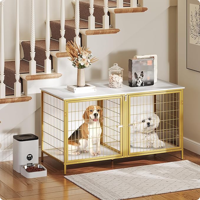 Dog Crate Furniture for 2 Dogs, 43.3" Dog Kennel with Removable Divider, Heavy Sturdy Dog Furniture Style Double Cage for Small Medium Dog, Indoor Pet House End Table, White and Gold