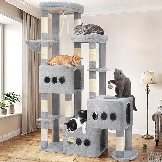 Cat Tree for Large Adult, 71.7'' Tall Cat Tower for Indoor Cats, Sturdy Heavy Duty Cat Tree Tower for 20 lbs+Cats, 3 Big Cat Condos, 10 Scratching Posts, 3 Platforms, Light Gray GCT036W