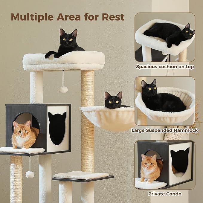 PETEPELA Cat Tree with Litter Box Enclosure, 2-in-1 Wood Cat Tower for Indoor Large Cats, 57.5'' Cat Condo with Scratching Posts, Cozy Hammock and Repalcable Dangling Balls, Black