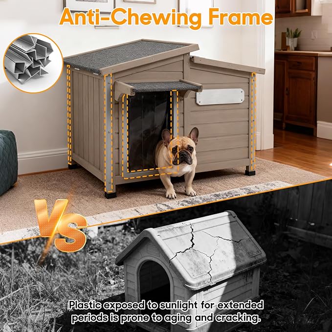 Outdoor Dog House Waterproof for Small to Medium Dogs Breeds with Openable Asphalt Roof, Anti-Chewing Iron Frame, Window, Weatherproof Indoor Outside (34" LX 22" WX 26.5" H)