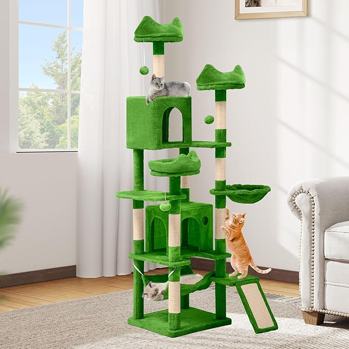 DWVO 75 in Multi-Level Cat Tower: Tall Cats Tree for Indoor Kittens, Pet Furniture with Kitty Condos, Top Perches, Sisal Ramp Scratching Posts, Cozy Basket, Hammocks, Green