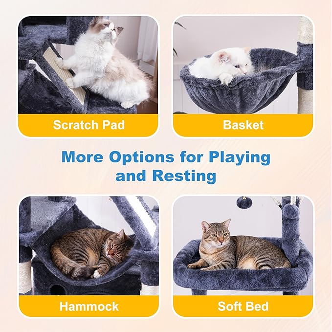 Hey-brother Cat Tree Tower, Sturdy Multi-Level Scratching Posts with Extra Supporting Part, 5 Teaser Toys, 2 Condos, Large Bed, Hammock, Scratch Baord for Indoor Cats, 82.7 Inches, Smoky Gray MPJ082G