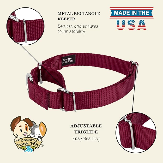 Country Brook Petz - Martingale Dog Collar - Heavy-Duty Training Collar with No Buckle - Service Dog Collar for All Pups - 10+ Warm Colors (Burgundy, 5/8 Inch, Extra Small)