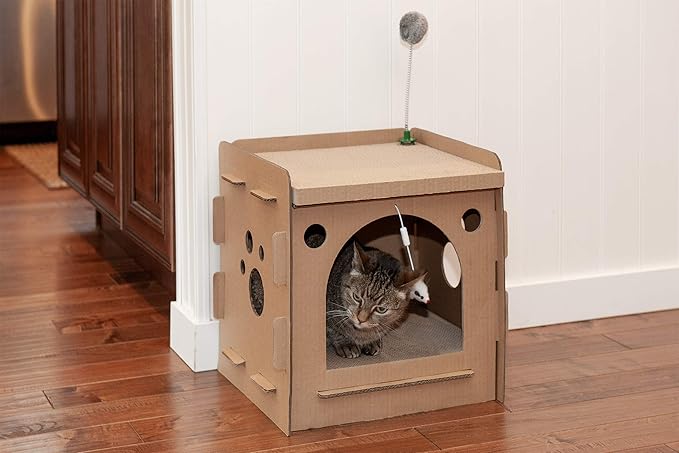 Furhaven Cardboard Cat House w/ Catnip for Indoor Cats, Ft. Scratching Pads & Toys - Modern Condo Corrugated Cat Scratcher Hideout - Cardboard Brown, One Size