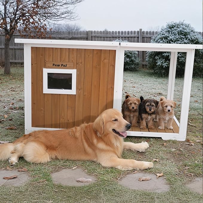 Dog House Outdoor, 59” Insulated Dog House, Weatherproof Outdoor Dog House Insulated with Elevated Floor and Openable Roof, Wooden Dog Houses Large