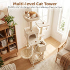 DORTALA Cat Tree for Indoor Cats, 66" Tall Cat Tower with 2 Condos, Sisal Scratching Posts, Plush Perch, Hammock, Dangling Balls, Multi-Level Pet Climbing Furniture Activity Center (Beige)