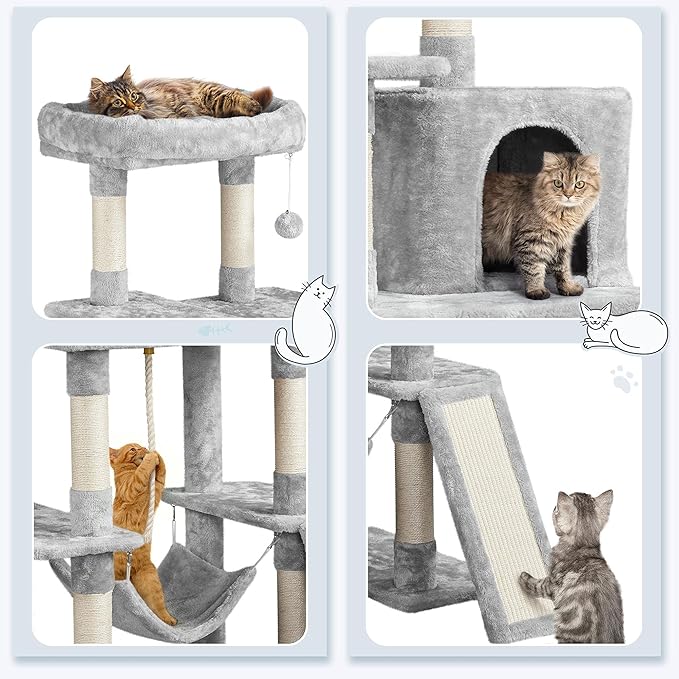 Topeakmart 63in Cat Tree, Large Cat Tower Furniture with Cat Condo, Padded Platform & Sisal-Covered Scratching Post, Stable Cat Tower Pet Play House