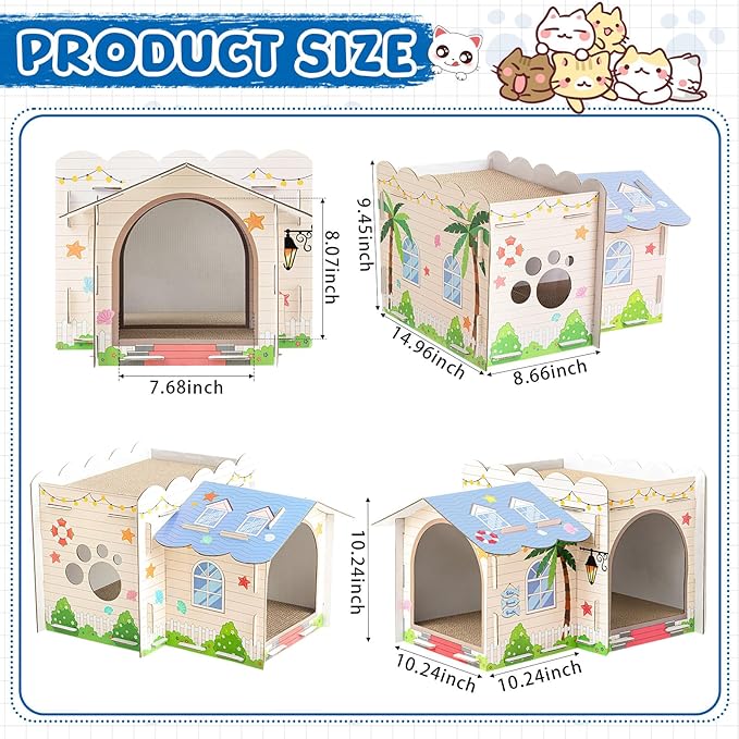 2 Story Cardboard Cat House with Scratcher Pad for Small Kitten,17x12x10 Multi Level Durable Cat Condo & Villa for Bunny Rabbit Small Animals Christmas Birthday Gift(17x12x10,Beach)