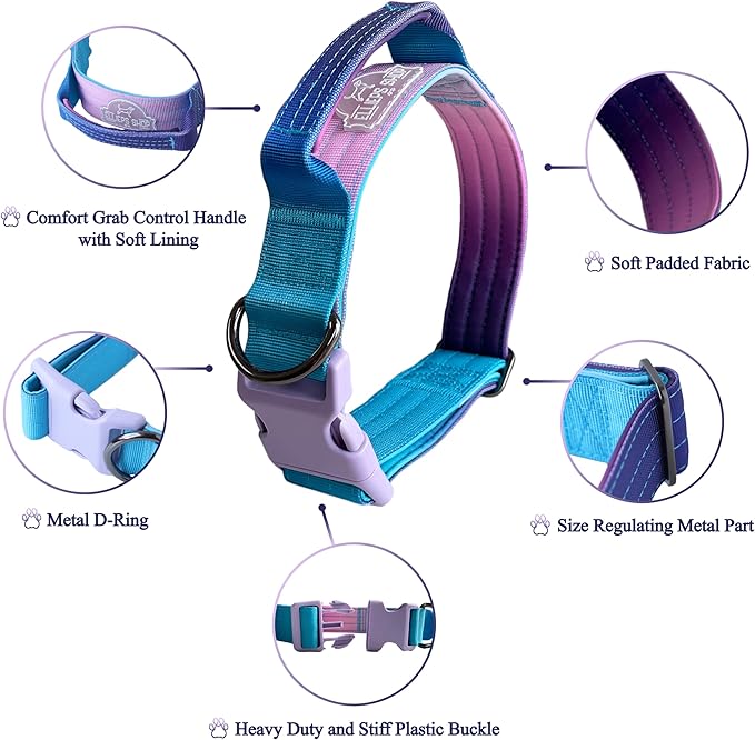 Tactical Dog Collar with Control Handle - Adjustable, Heavy Duty, Training and Walking for Medium and Large Breeds (Purple Blue, S: 15'' - 18'')