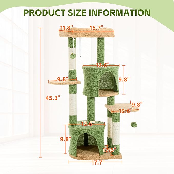 45.3-inch Multi-Level Cat Tree Tower with 3 Soft Platforms & 2 Cat Caves, Fully Wrapped Sisal Scratching Post for Indoor Cats, Dangling Toy, Green