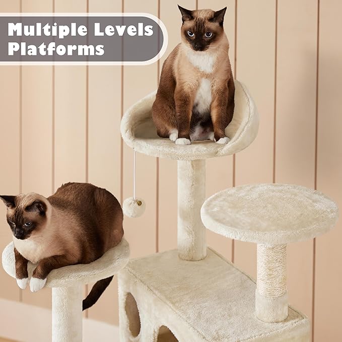 Yaheetech 54in Cat Tree, Multi-Level Cat Tower with Spacious Perch, 2 Cozy Caves, Scratching Posts, Climbing Ladder, 2 Plush Balls, Durable Pet House Furniture for Indoor Kittens, Beige