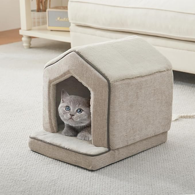 Orthopedic Cat House for Indoor Cats,Small Dogs,Super Soft Cat Bed Cave,Condos, Cubes,Cat Hideaway,Covered,Cat Bed for Kitty Small Medium Large Pet (Beige, 18" L x 15" W x 17" Th)