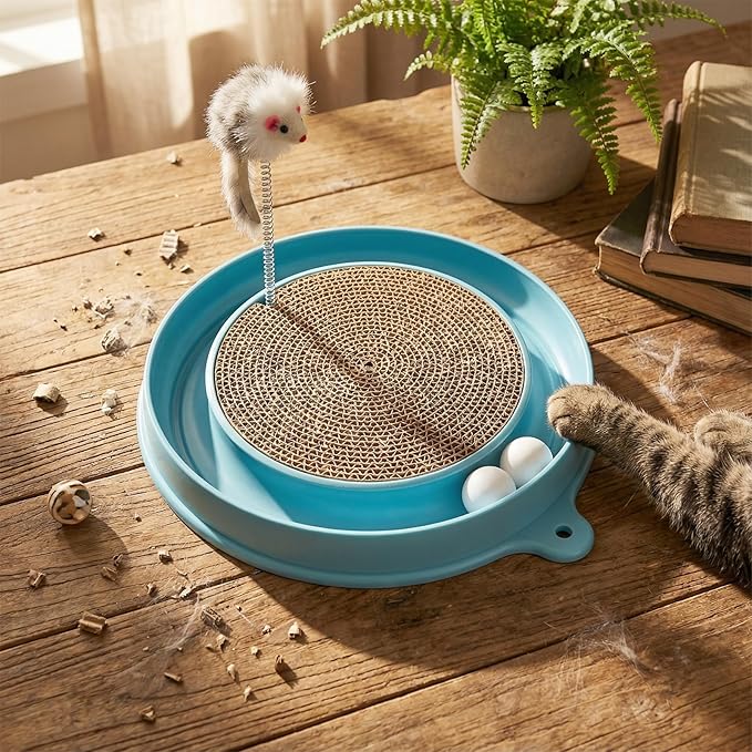 3 Pcs Cat Ball Track Toy, Include 1 Round Cat Scratcher Toy with 2 Cats Scratching Board Pad Replacement, Interactive Toys Track and Plush Mouse Toys for Indoor Cats Kitten