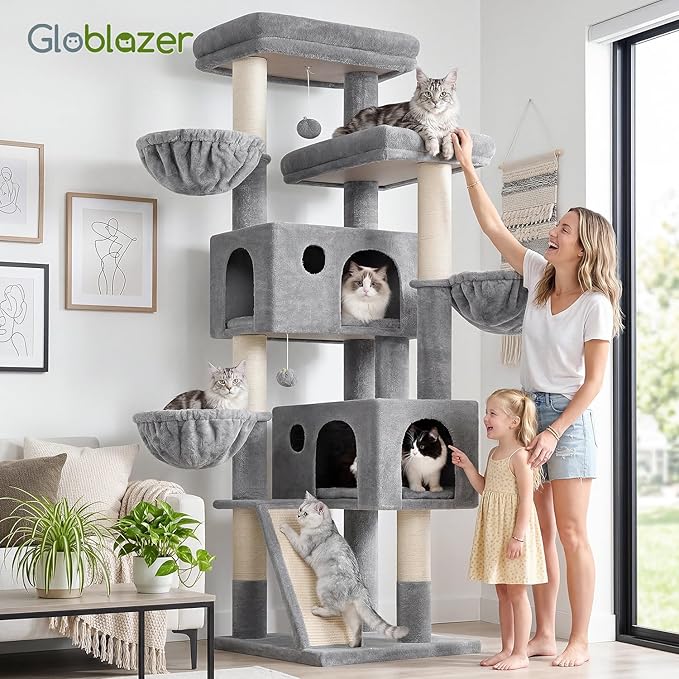 Globlazer Large Cat Tree, 72 inch Tall Cat Climbing Tower for Indoor Large Adult Cats Multi-Level Furniture Tree House with 2 Cozy Perches, 2 Padded Condos, 5 Sisal Scratching Posts, F72G, Light Grey