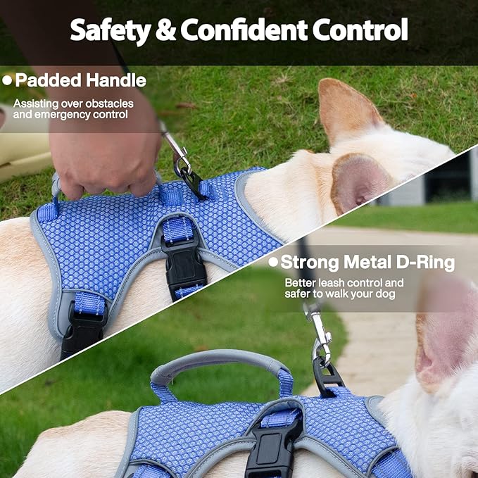 Huntboo Escape Proof Dog Harness, Escape Artist Harness, Reflective Dog Harness with Handle, Durable,Adjustable Vest for Small Medium Large Dogs Walking, Training, and Running Gear(Technicolor Blue,L)