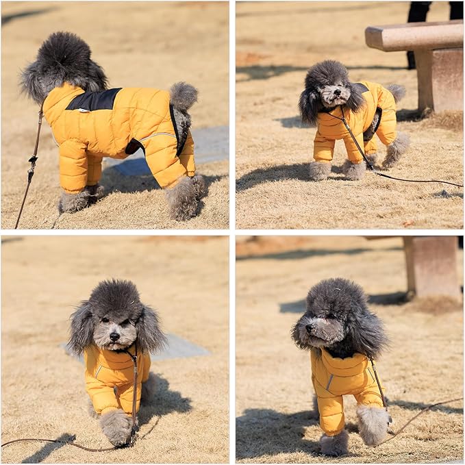Lovelonglong Dog Coat Dog Warm Jacket, 4 Legs Covered Waterproof Windproof Reflective Warm Dog Vest, Zippered Adjustable Outdoor Dog Snow Jacket for Small Medium Large Dogs Yellow XXXL