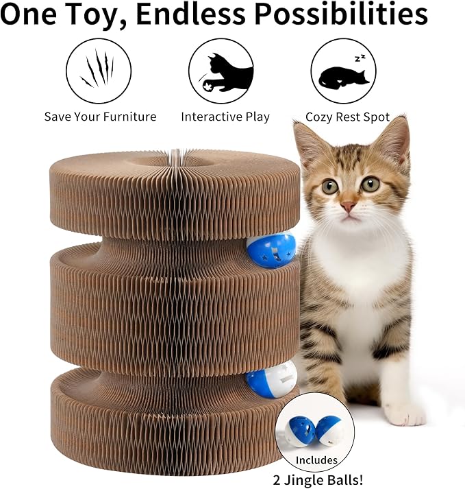 Twisty Magic Organ Cardboard Kitty Cat Scratcher, Extra-Large Accordion Foldable Magnetic Scratching Pad with Upgraded Magnets and Balls, Interactive Toy for Indoor Cats