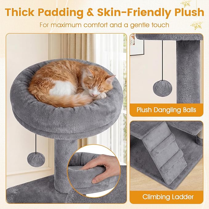 PETSITE 52-inch Cat Tree, Multi-Level Cat Tower with Sisal Scratching Posts, 2 Comfy Condos, Plush Padded Soft Top Perch, Dangling Balls, and Climbing Ladder, Ideal for Indoor Cats (Light Grey)