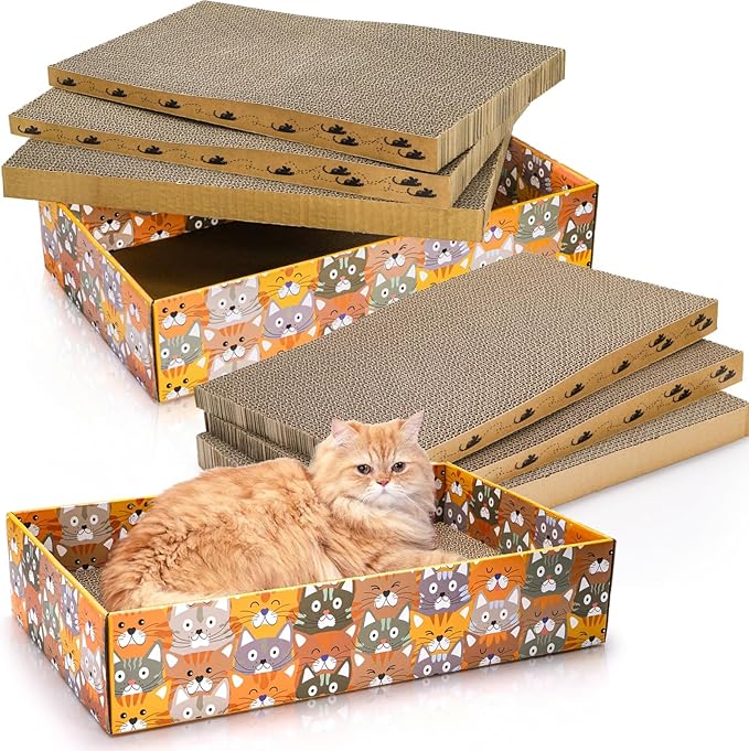 Set of 2 Cat Scratching Boxes, 17x10 in 6 Pcs Corrugated Cardboard Pad with 2 Boxes, Large Cute Reversible Kitty Sofa Bed, Refillable Wave Shaped Lounge, Interactive Kitten Toy for Indoor Cat