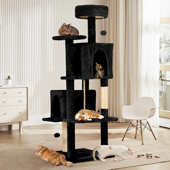 58.5inch Large Cat Tree Tower Condo for Indoor Cats, Soft Plush Multi-Level Climbing Tree Cat House with Cat Cave, Scratching Post, More Entrance/Exit, Sisal Rope, Night Black