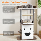 Wood Modern Cat Tree Tower for Indoor Large Cats, 48-Inch Tall Wooden Cat Trees with Big Perch Bed, Multi-Level Condo with Scratching Board Posts, Removable Pads, Cat Furniture, Rustic Brown