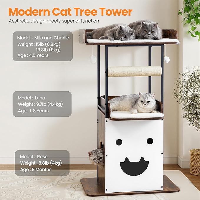 Wood Modern Cat Tree Tower for Indoor Large Cats, 48-Inch Tall Wooden Cat Trees with Big Perch Bed, Multi-Level Condo with Scratching Board Posts, Removable Pads, Cat Furniture, Rustic Brown