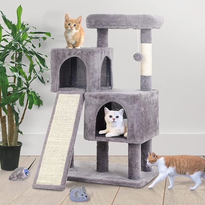 36 inches Cat Tower,Cat Tree for Indoor Cats with Scratching Posts Multi-Level Cat House with Ramp,Double Condos,Spacious Perch,Scratching Sisal Post and Dangling Balls for Kittens,Ashy