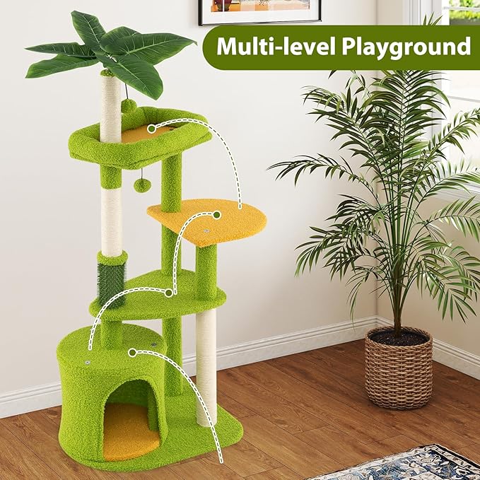 PETSITE Palm Cute Cat Tree, 48 Inches Tall with Sisal Scratching Posts, Condo, Dangling Ball, and Self Groomer, Ideal for Indoor Small & Medium Cats (19 x 16 x 48 inches)