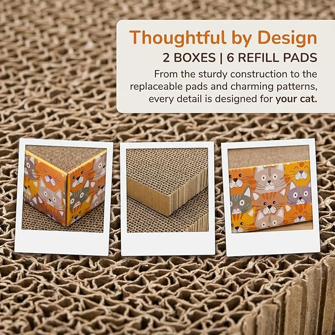 Set of 2 Cat Scratching Boxes, 17x10 in 6 Pcs Corrugated Cardboard Pad with 2 Boxes, Large Cute Reversible Kitty Sofa Bed, Refillable Wave Shaped Lounge, Interactive Kitten Toy for Indoor Cat
