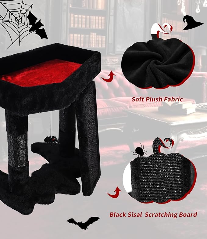 Gothic Cat Tree Tower with Coffin Cat Bed for Indoor Cats, Halloween Spooky Cat Scratcher,Goth Cat Tree with Sisal Scratchig Post and Spider Dangling Toys,Black with Red
