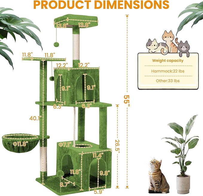 Cat Tree, 54-Inch Cat Tower for Indoor Cats,Plush Multi-Level Cat Condo with Scratching Posts, Basket, Perches,2 Caves,2 Pompoms(Green)