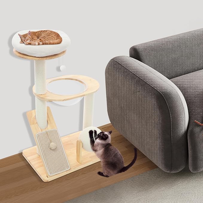 JOMCYDM Cat Tree Indoor Wooden Tower Pet Condo Activity Center 22.05Lbs Load with Cozy Bed Space Capsule Scratching Pad Rolling Ball 37.8In Freestanding