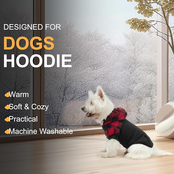Dog Christmas Hoodie for Small Medium Large Dogs, Fleece Plaid Pet Hooded Clothes Sweater with Hat & Pocket for Cold Weather Winter,Warm Soft Pullover Sweatshirt Coat Outfit for Puppy Girls Boys S-M