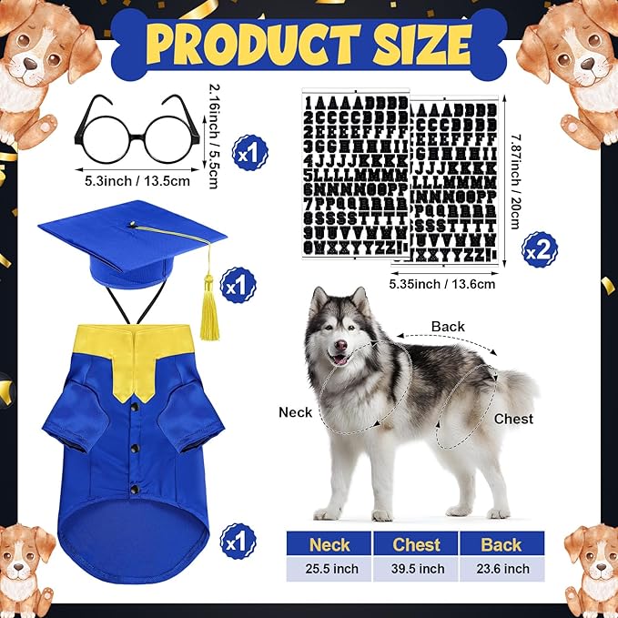 5 Pcs Dog Graduation Costume Set Include 2026 Pet Graduation Gown with Stole Puppy Grad Cap Lensless Glasses DIY Letter Stickers for Dogs Cats Holiday Costume Accessory(Blue Yellow,XXL)