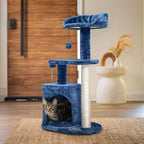 ClevaHome 33.5" Small Cat Tree Tower for Indoor Cats, Modern Kitten Condo with Sisal Scratching Post and Hanging Ball for Play, Denim Blue