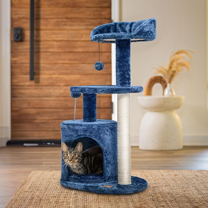 ClevaHome 33.5" Small Cat Tree Tower for Indoor Cats, Modern Kitten Condo with Sisal Scratching Post and Hanging Ball for Play, Denim Blue