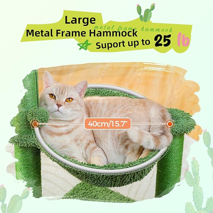 PAWZ Road Cactus Cat Tree, 33 Inchs Cat Tower with Cat Self Groomer, Soft Hammock and Fully Wrapped Sisal Scratching Post for Indoor Cats