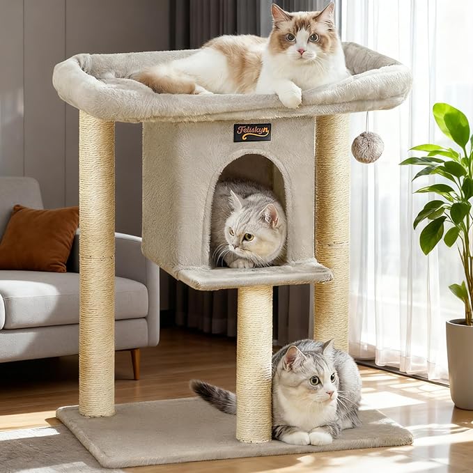Cat Tree Tower for Indoor Large Cats, Cat Scratching Post with Big Perch Bed, Tall Trees House with Condo Cave, Toy Balls, Modern Climbing Furniture Big Platform for Kitten